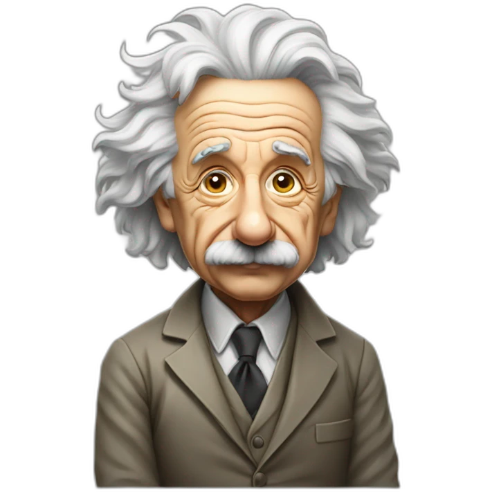 a full body perspective of albert einstein sitting on an invisible edge emoji