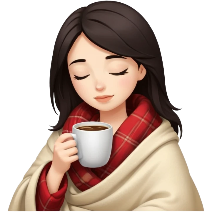 Girl with dark hair snuggled in warm blanket enjoying coffee with peaceful closed eyes emoji