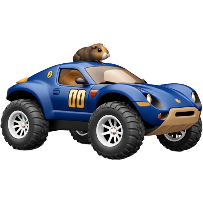 Side view of Midnight blue Local Motors Rally Fighter off road rc car driven by a Guinea pig  emoji
