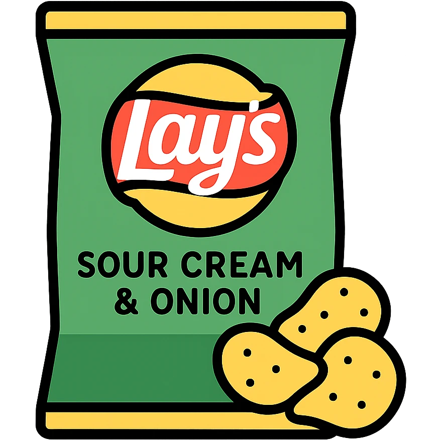 stylized icon of Lay's Sour Cream and Onion chips, green bag with yellow Lay's logo, chips spilling out, simple and bold emoji