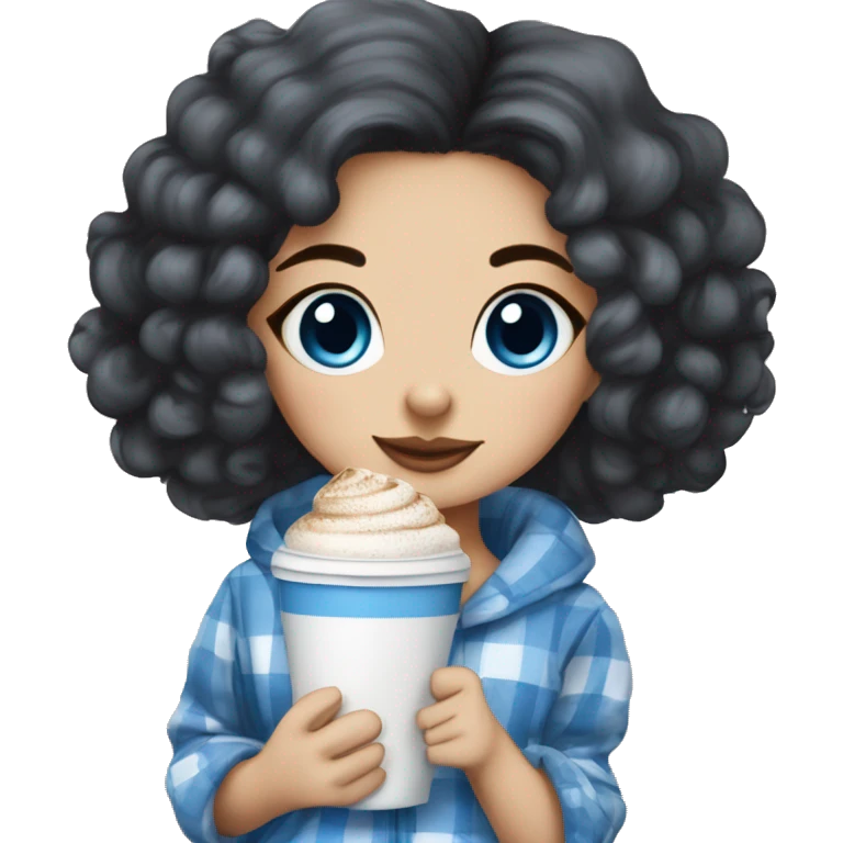 very beautiful girl with blue eyes dark hair in blue checked pajama with maltipoo and cappucino  emoji