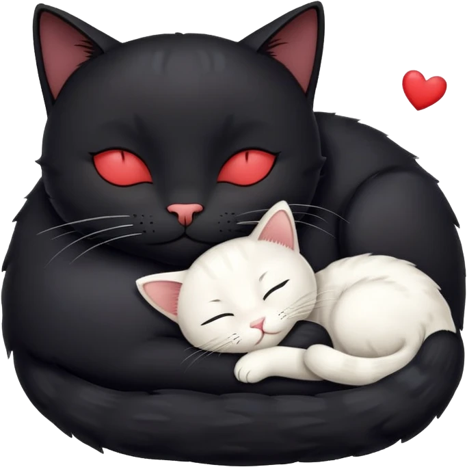 Big black cat is sleeping with a small white cat with hearts above emoji