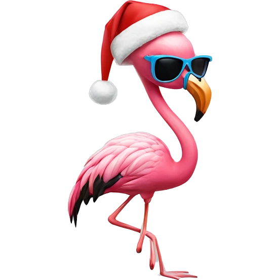 Flamingo wearing sunglasses and a Santa  hat on skis emoji