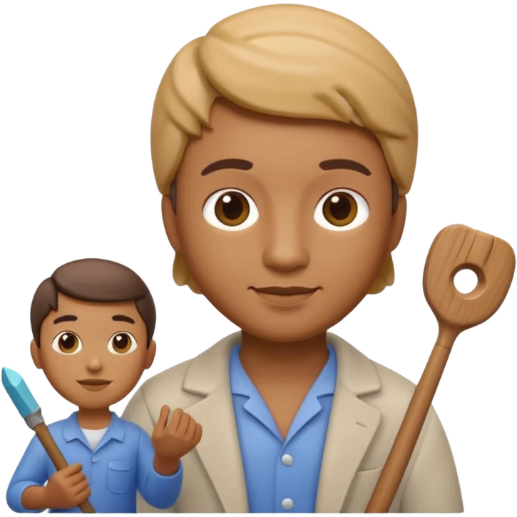 Apple Memoji-style 3D emoji of a sculptor with a small statue and chisel, smooth gradients, rounded edges, no background.during sculpting emoji