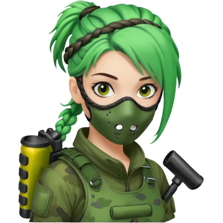 paintball player face girl braided green hair emoji