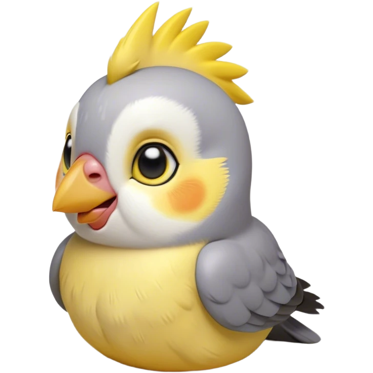 Cinematic Cute Cockatiel Portrait Emoji, Head tilted playfully and inquisitively, featuring a smooth grey fur with bright yellow accents and a perky crest, round, sparkling dark eyes filled with curiosity, Simplified yet irresistibly adorable features, highly detailed, glowing with a warm, friendly glow, high shine, affectionate and lively, stylized with a touch of whimsy, bright and endearing, soft glowing outline, capturing the essence of a mischievous yet loving cockatiel, so playful it feels like it could chirp out of the screen and into your arms! emoji