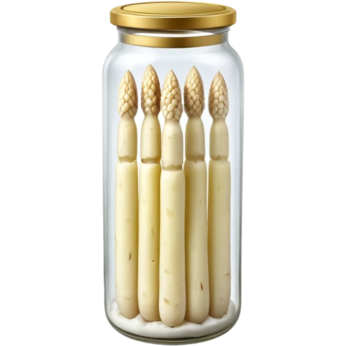 tall clear glass jar filled with upright pale white or green asparagus spears submerged in brine, sealed metallic lid gold or green, slim smooth spears neatly arranged tips upward, no label plate or extras, soft lighting, subtle shadows, transparent background, emoji scale emoji