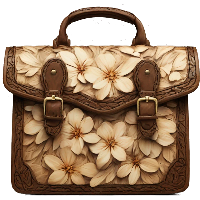 Realistic isolated rustic wooden tooled flower pattern designer satchel purse. emoji