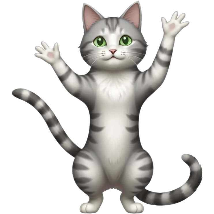 grey and white cat with green eyes doing a big extremely long stretch reaching up into the air with arms and legs side by side together emoji