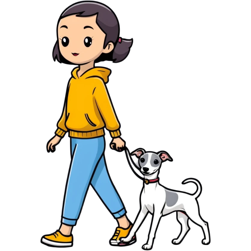 Pretty Asian girl walking a pure solid grey Italian greyhound with absolutely no white markings anywhere on the dog emoji