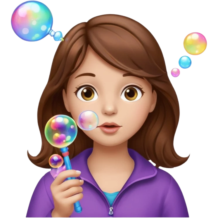 Girl blowing bubbles – Brown hair, bubble wand
 emoji