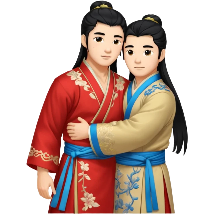 two muscled asian guys hugging in hanfu clothes, long hair emoji