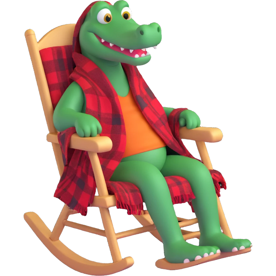 a grandpa alligator, sitting in a rocking chair, with a cozy blanket and slippers emoji