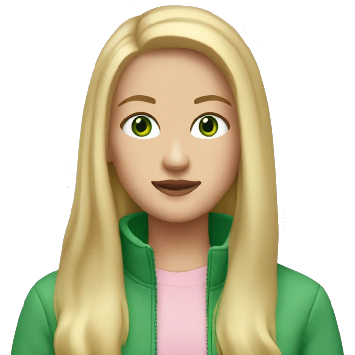 white girl with green eyes and long blonde hair with a light pink quarter zip up jacket emoji