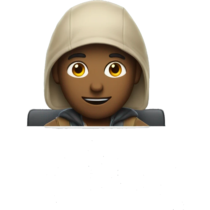 Developer looking at the camera and waving while sitting in front of the apple laptop. emoji