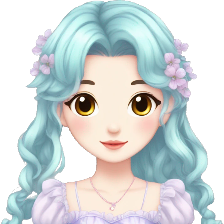 Cute kawaii gorgeous pretty anime pastel lady beautiful hair with gorgeous dress fairycore cottagecore detailed high quality trending aesthetic emoji