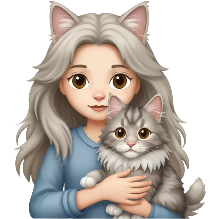 a silver based Maine Coon cat holding a girl emoji