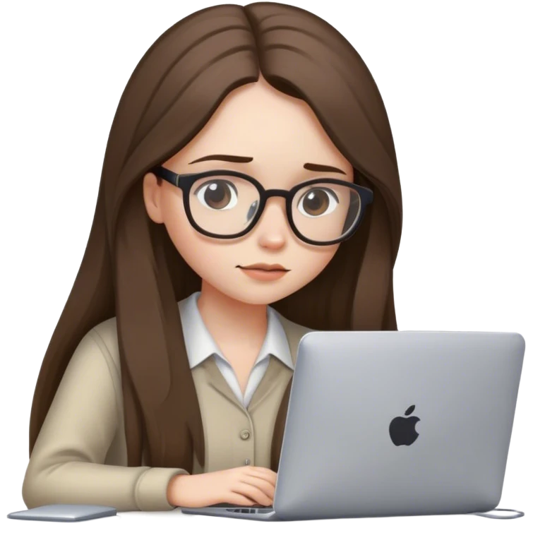 pale brunette girl in glasses with long hair works on computer looking down emoji