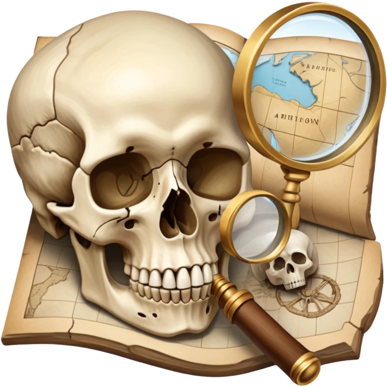 An icon featuring a human skull and fossils, representing anthropology. The design includes a magnifying glass and a map of ancient human migration paths, symbolizing the study of human evolution and cultures. Transparent background highlights the scientific exploration of humanity’s past. emoji
