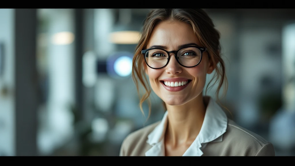 Cinematic still, Proffesional advertising of a smiling european white woman with glasses smiling, minimalistic ophthalmologist interior in background, leading  lines, "rule of thirds", 60/30/10 colors, soft light emoji
