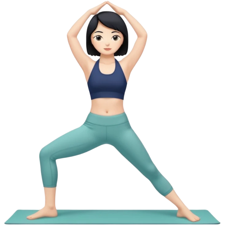 키는 작은편이고 앞머리 없는 단발머리야. 옆머리는 있고 요가를 좋아해. 남색 홀터넥을 많이 입고 민트색 요가바지를 자주 입어. 머리색은 검정색이고 하타요가를 좋아해 emoji