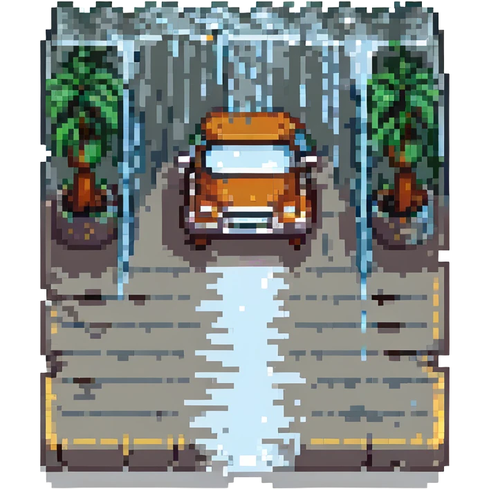 a rainy road with puddles and falling rain in pixel art style emoji