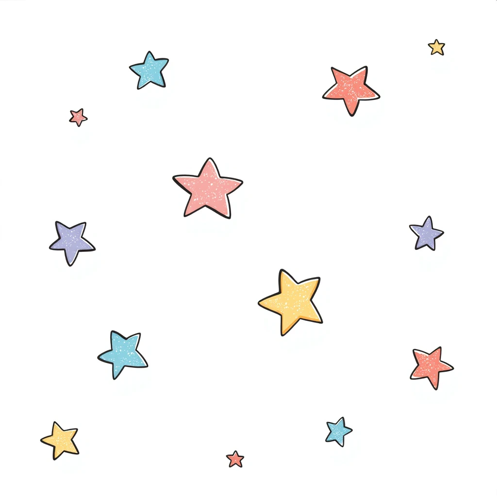 glittery sparkling stars in various sizes in pastel colors dd9fb0 ffc6d3 a3bfc9 c4bee2 f1b091, hand-drawn doodle style emoji