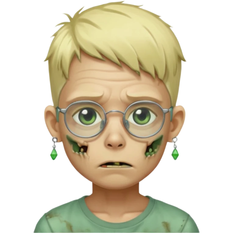 make a blond zombie boy, with a tired appearance, he wears frameless glasses, and 1 earring in each ear, a point of light earring style emoji