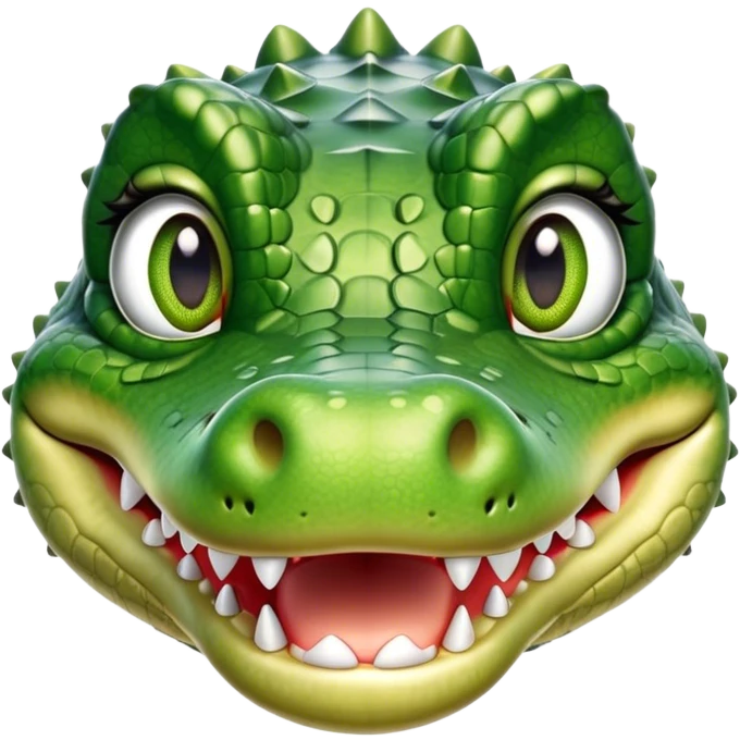 Cinematic Realistic Cute Crocodile Portrait Emoji, Head tilted playfully and inquisitively, featuring a robust, well-defined build with intricately detailed, glossy olive-green scales and a surprisingly endearing face with round, sparkling eyes full of unexpected charm, rendered with lifelike texture and natural highlights, high shine, affectionate and spirited, styled with a touch of wild whimsy, soft glowing outline, capturing the essence of a mischievous yet lovable crocodile that seems poised to snap playfully out of the screen into your arms! emoji