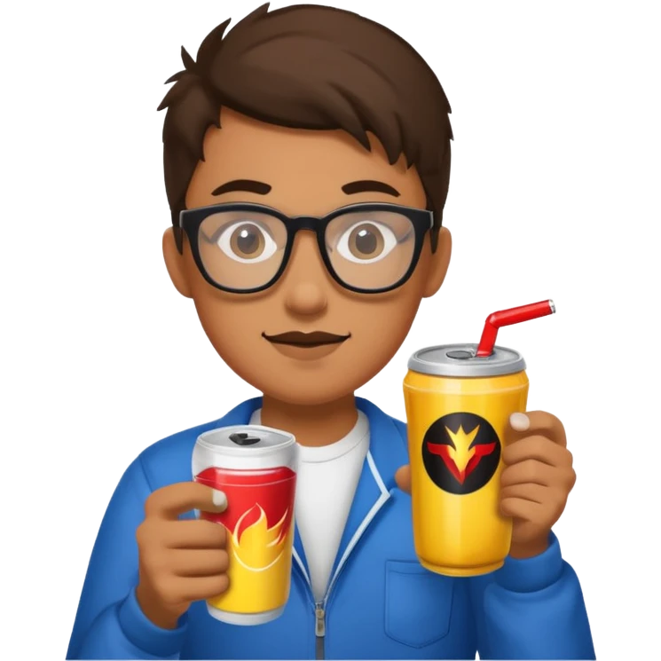 Gamer with big glasses and energy drink coffee emoji