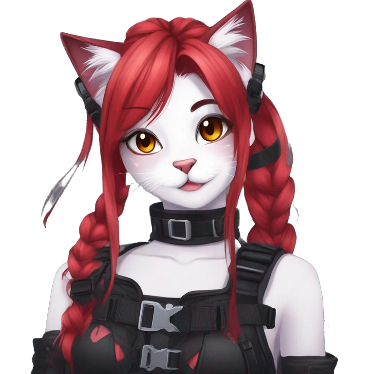 Gorgeous gothic dark techwear anime style anthro cat furry sona with blushing face aesthetic and pretty edgy black red punk messy ponytail hair with collar and harness trending style emoji