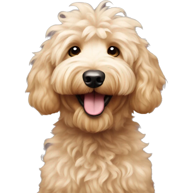Smiling Goldendoodle with short fur and curly floof on top of head emoji