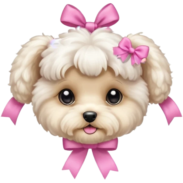 white maltipoo with pony tail and pink ribbon on the pony tail emoji