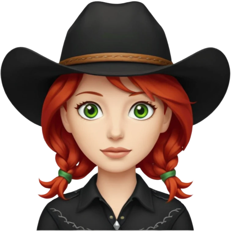 cowgirl with red hair green eyes black hat emoji