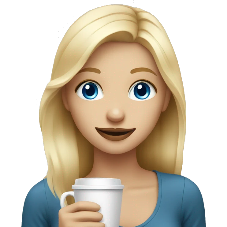 Smiley blonde girl with blue eyes with coffee emoji