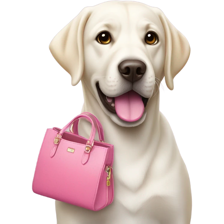 White Labrador holding the handle of a white and pink purse in her mouth  emoji