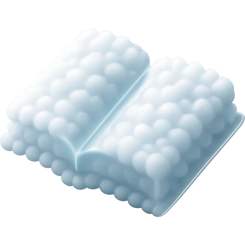 top view of a thick open book made entirely of small, very bright white fluffy convex clouds, matte glass style emoji