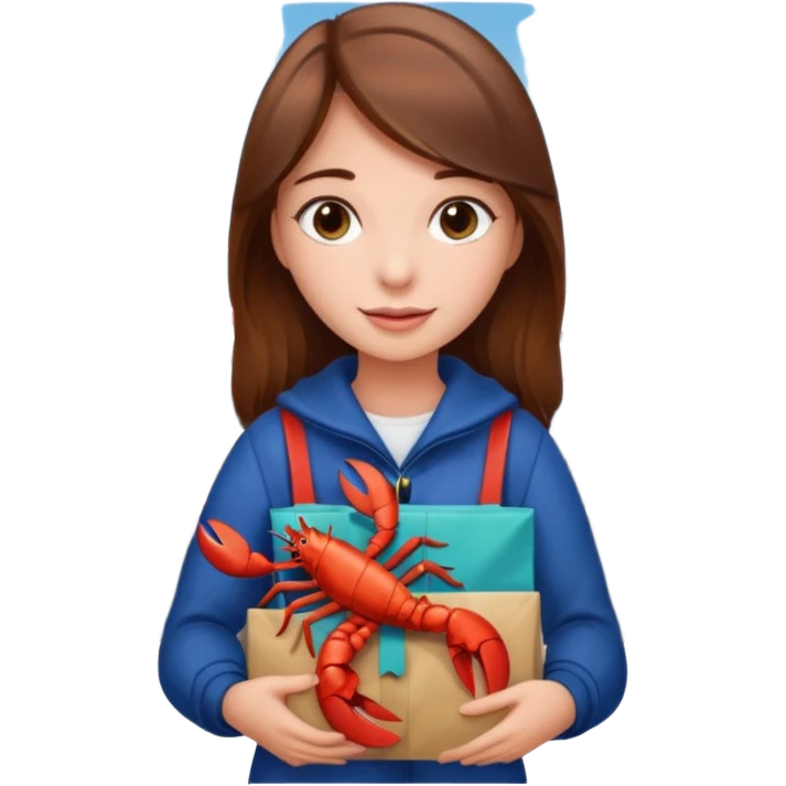 Cute girl brown hair at airport holding gift bag with lobster inside emoji