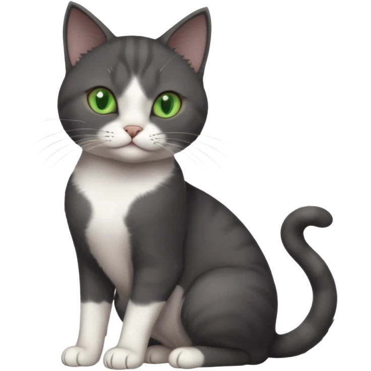 beautiful female solid dark grey cat with green eyes, white toes/paws and white patch on her chest playing emoji