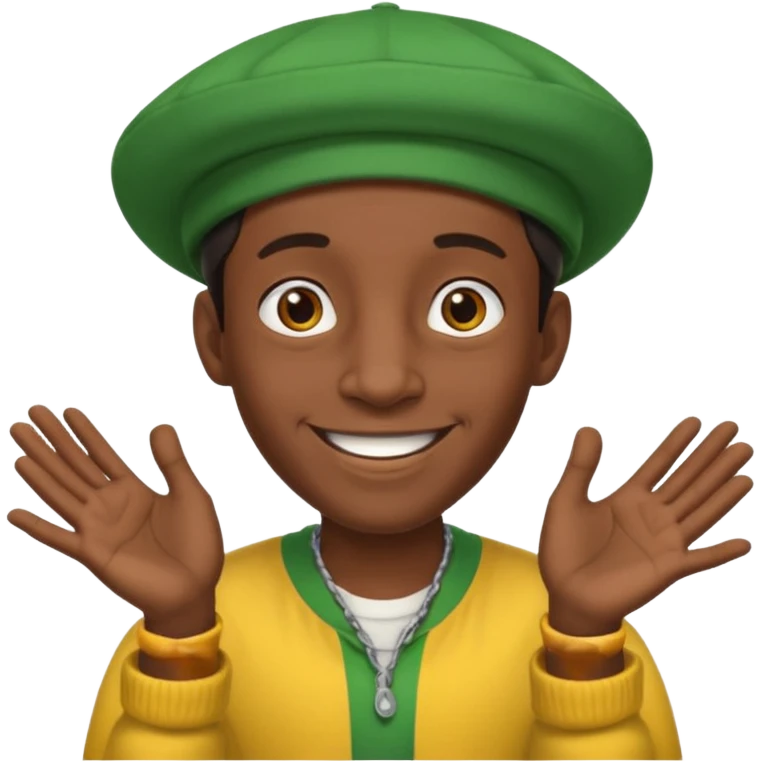 Lanky black guy with hunchback with hands out and Jamaican hat emoji