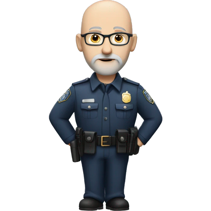 Bald Caucasian man with light gray beard in police uniform with a glasses and left ar piercing emoji