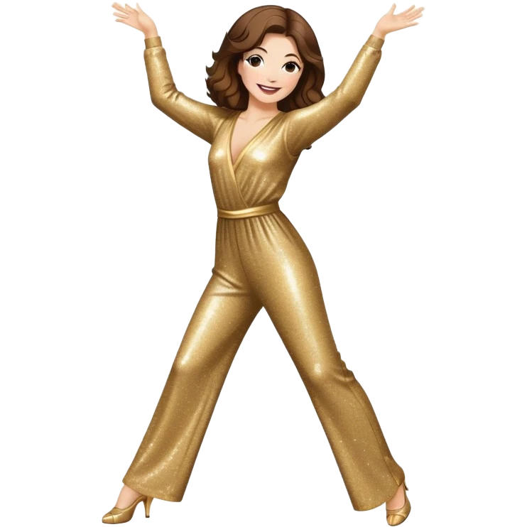woman with white skin and brown hair disco dancing in classic disco pose, wearing a glittery jumpsuit, smiling emoji