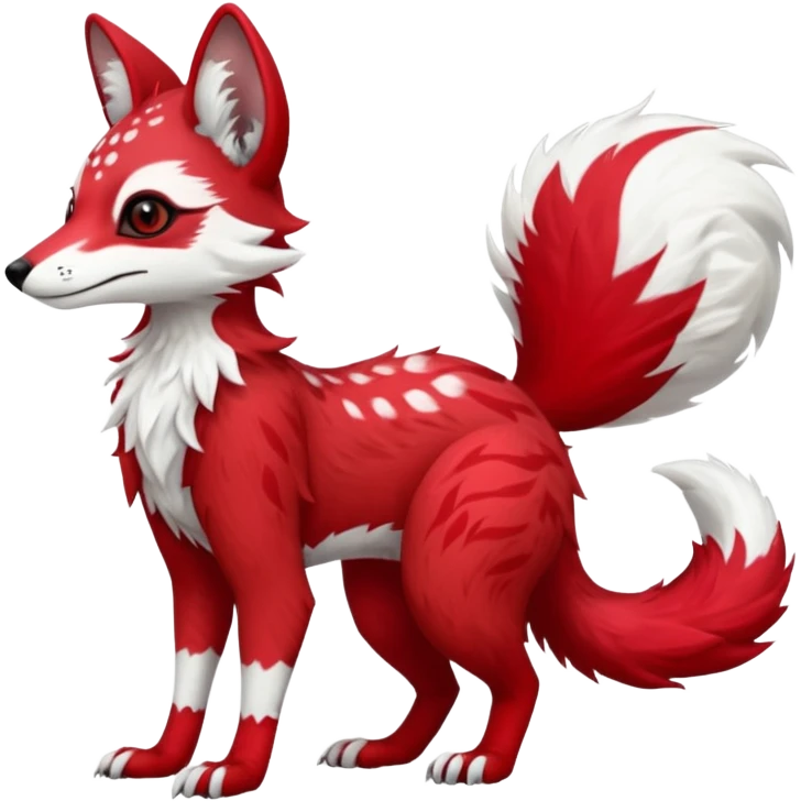 Feral Rare Fantasy   bright cherry-red fur with clean snow-white chest and muzzle Vernid-Sergal-Genet-Trico-species by LiLaiRa, random markings, tufted tail, tufted ears, full body emoji