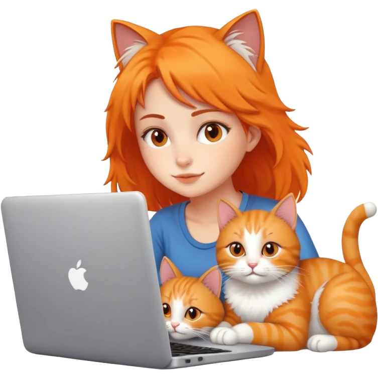 A girl is working on a laptop with a cat lying next to it emoji