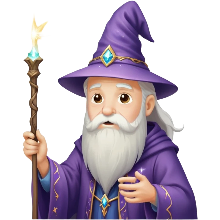 old man wizard with a beard casting a spell with a wand with sparkles and magic emoji