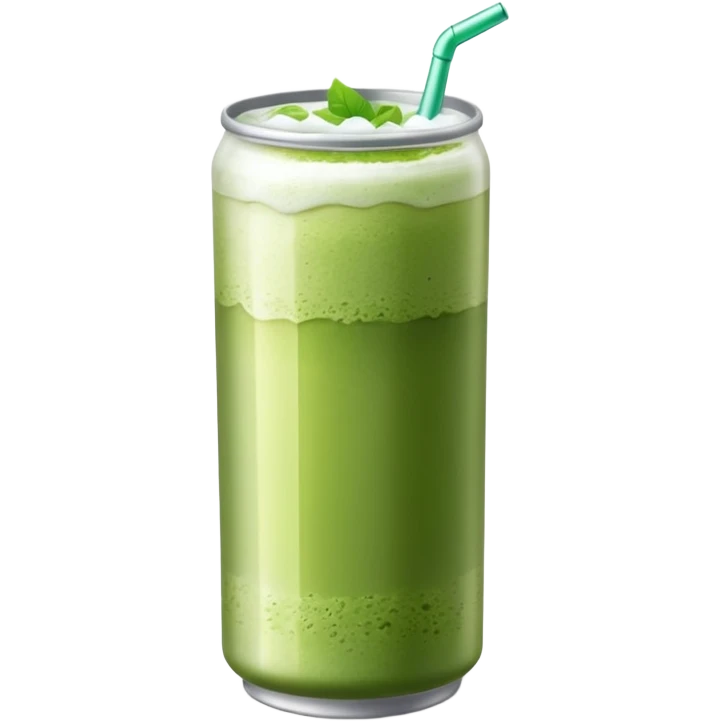Create an emoji-style illustration of a tall, transparent can-shaped drink filled with iced matcha. The top is sealed with a silver metal pull-tab lid. The drink has a green matcha layer on top that gradually fades into a milky white layer at the bottom. The can is sleek and minimalist. emoji