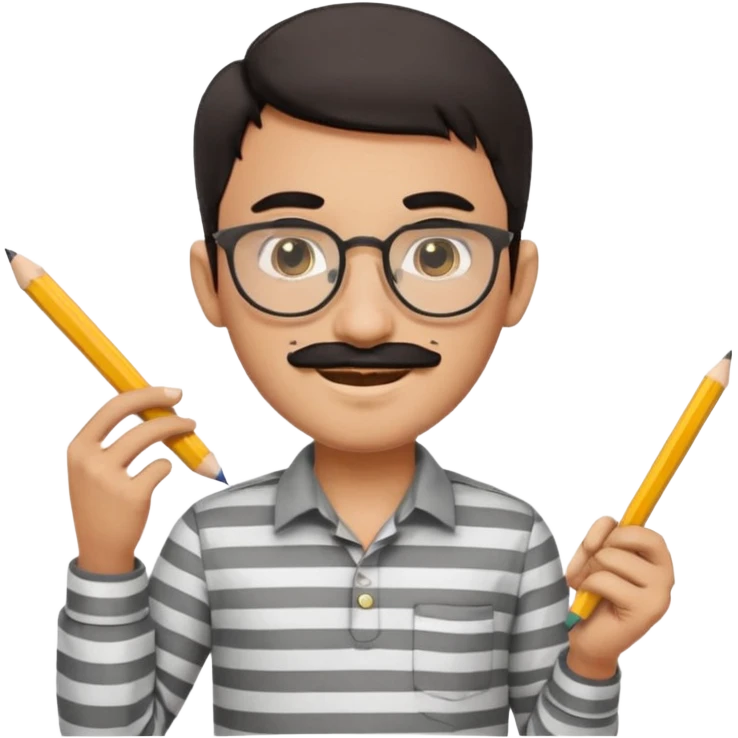 young Pakistani male shopkeeper, short dark hair, round eyeglasses, thick black mustache, smiling, light grey striped collar shirt, holding a small parchi (receipt) in one hand, yellow pencil behind ear, cartoonish, clean, rounded, expressive, no background, Apple emoji style emoji