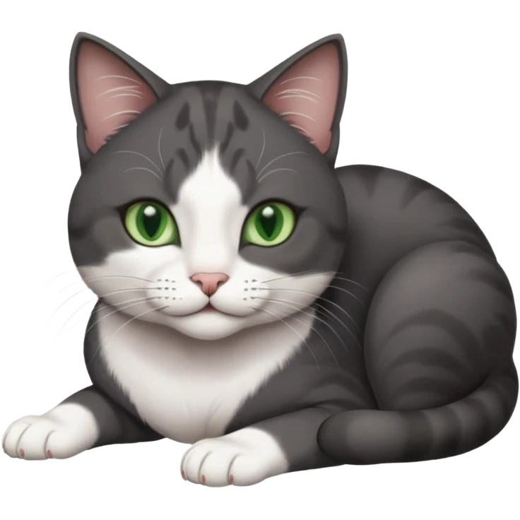 beautiful female solid dark grey cat with green eyes, white toes/paws and white patch on her chest rolling over emoji