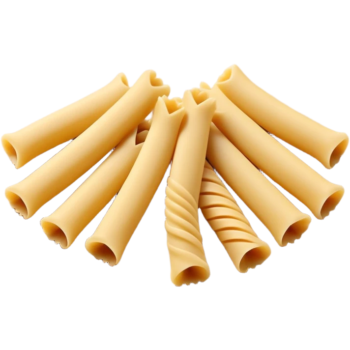 4 pieces of uncooked pasta (penne, fusilli, farfalle), arranged cleanly, smooth matte surface, golden beige, dry and slightly curved, 3D-rendered, minimal, no faces emoji