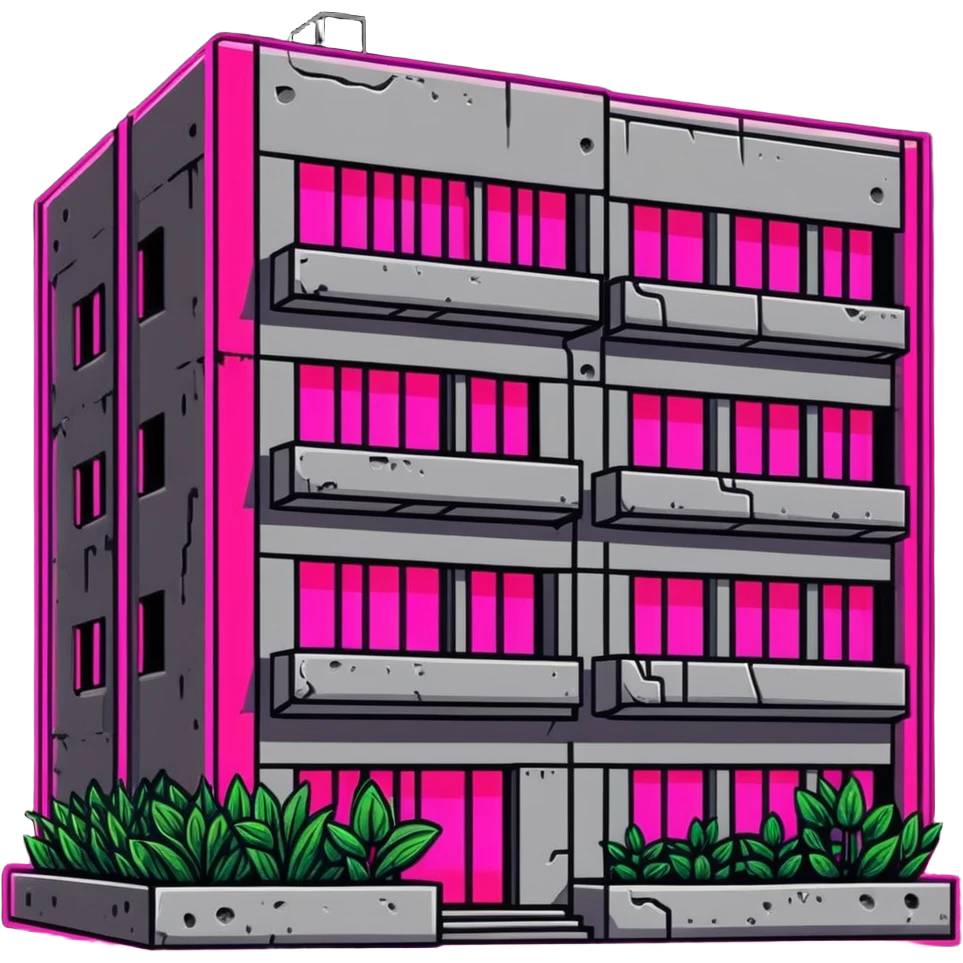 Soviet-era concrete panel apartment building with bright neon pink glow from a window where plants are growing emoji